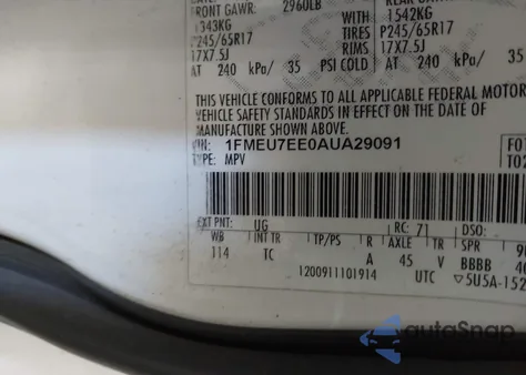 2010 Ford Explorer Eddie Bauer from USA, damaged, VIN 1FMEU7EE0AUA29091